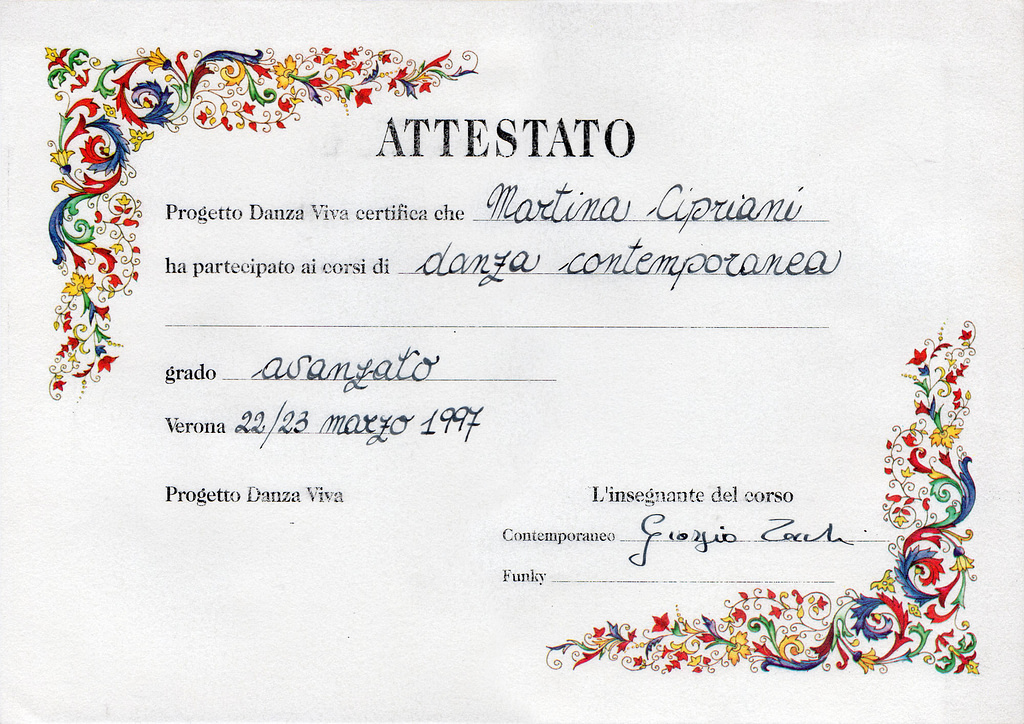 Martina Cipriani ha partecipato al Progetto Danza Viva di Verona nei corsi di danza contemporanea grado avanzato nel 1997