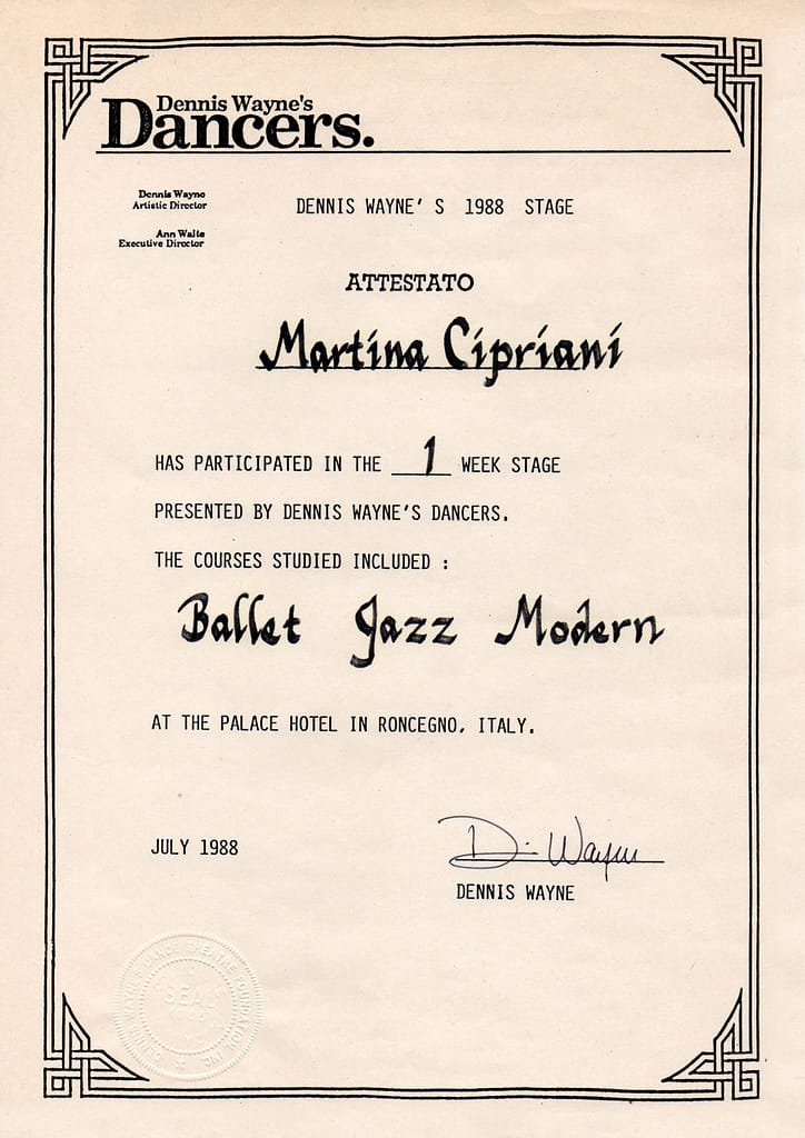 Attestato 1988 di Martina Cipriani per stage di classico moderno e jazz